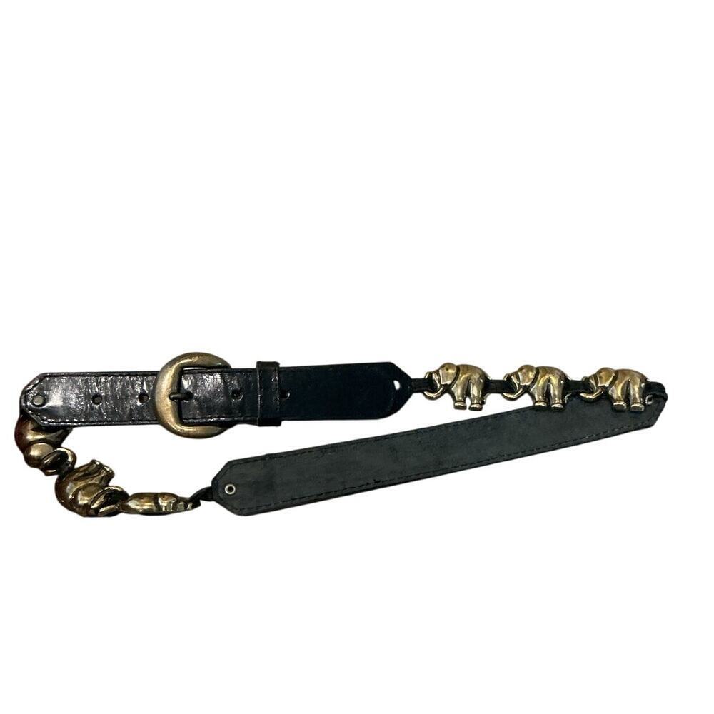 Liz Claiborne Black Leather Belt with Gold Elephant Chain Accents